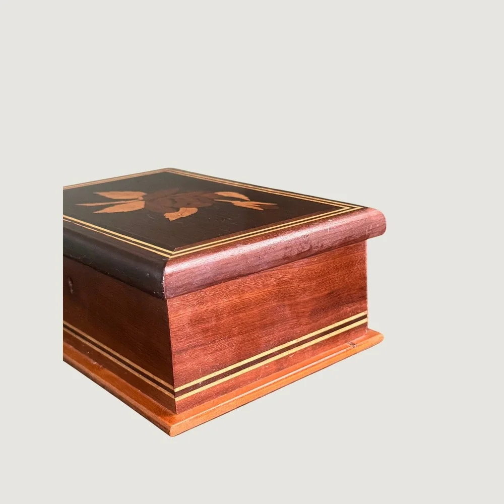 Vintage Brazilian Marquetry Wood Jewelry Box Rose Inlay Velvet Lined